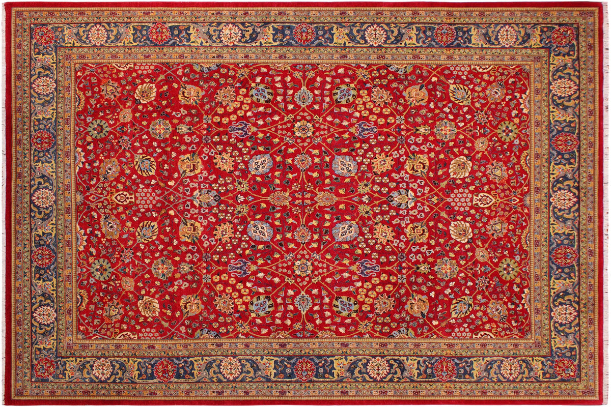 handmade Transitional  Red Teal Blue Hand Knotted RECTANGLE 100% WOOL area rug 9' x 12'
