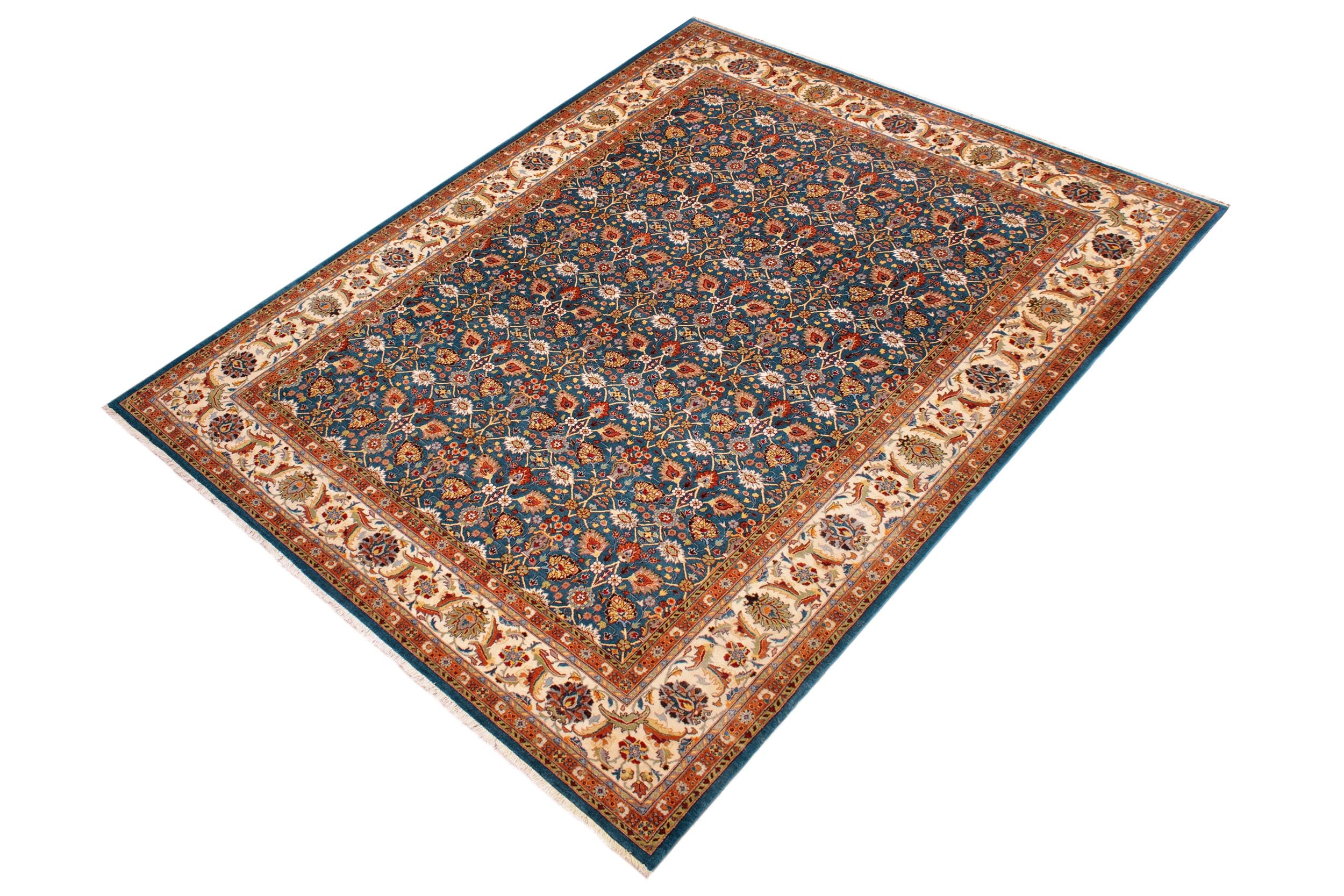 handmade Transitional Design Teal Blue Ivory Hand Knotted RECTANGLE 100% WOOL area rug 9' x 12'