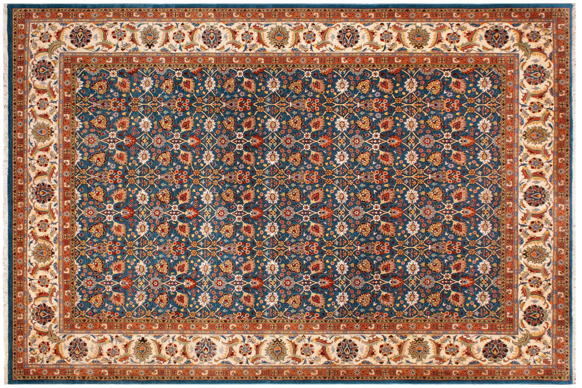 handmade Transitional Design Teal Blue Ivory Hand Knotted RECTANGLE 100% WOOL area rug 9' x 12'