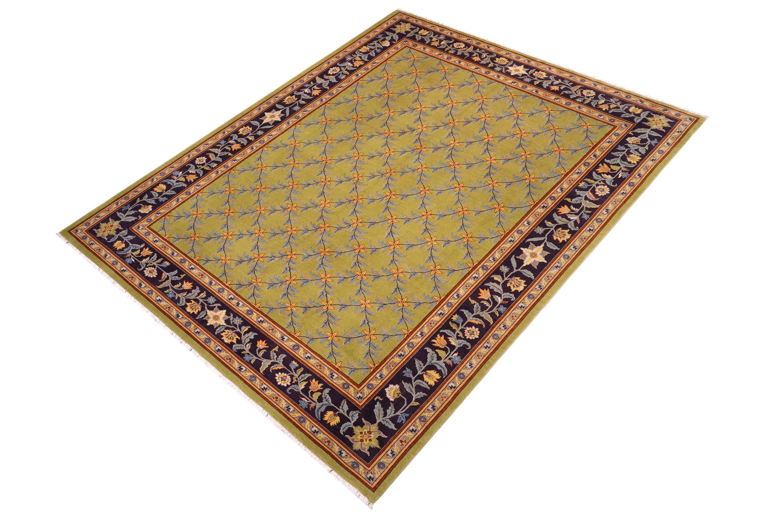 handmade Transitional Kafkaz Lime Green Blue Hand Knotted RECTANGLE 100% WOOL area rug 9' x 12'