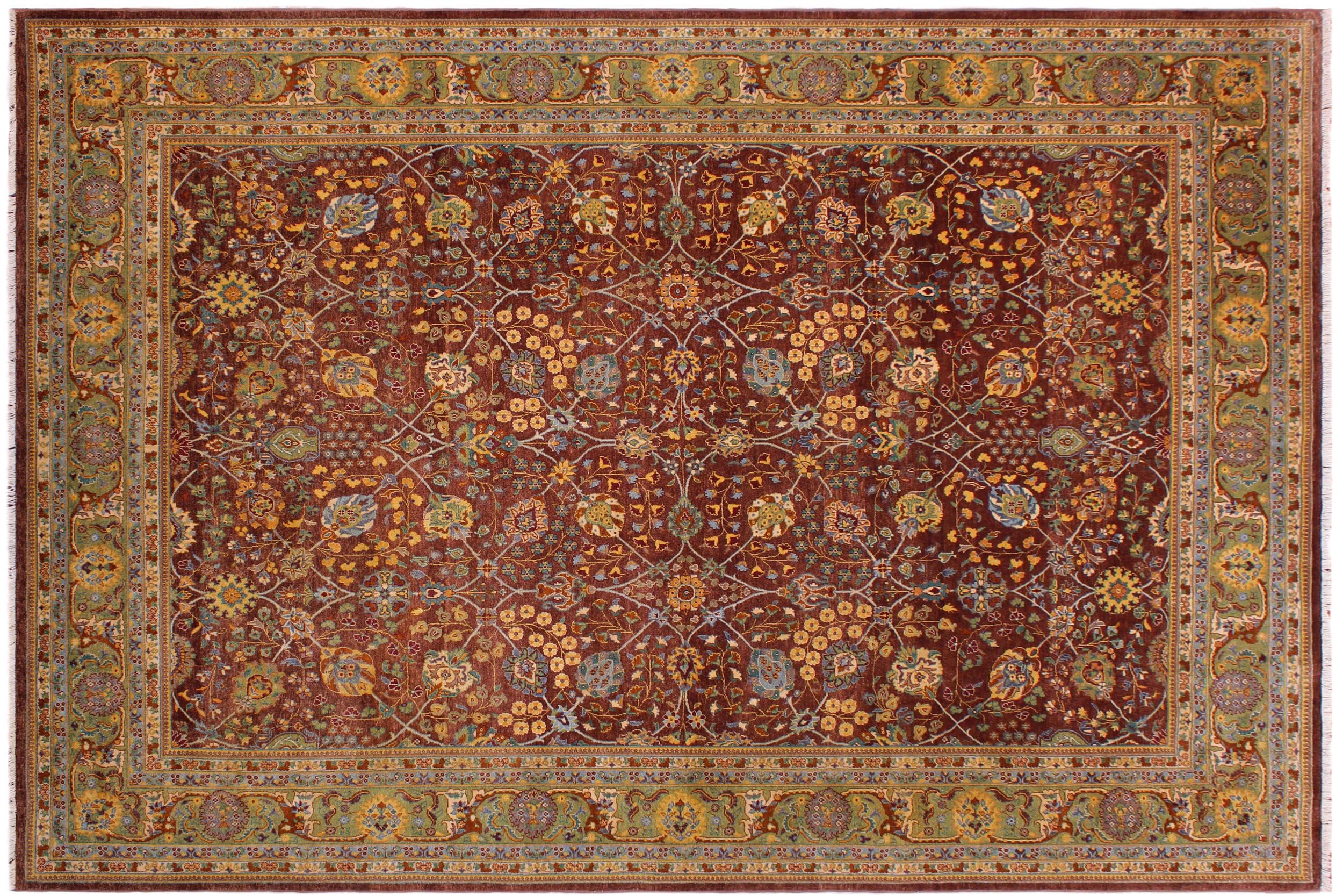 handmade Traditional Design Brown Lt. Green Hand Knotted RECTANGLE 100% WOOL area rug 9' x 12'