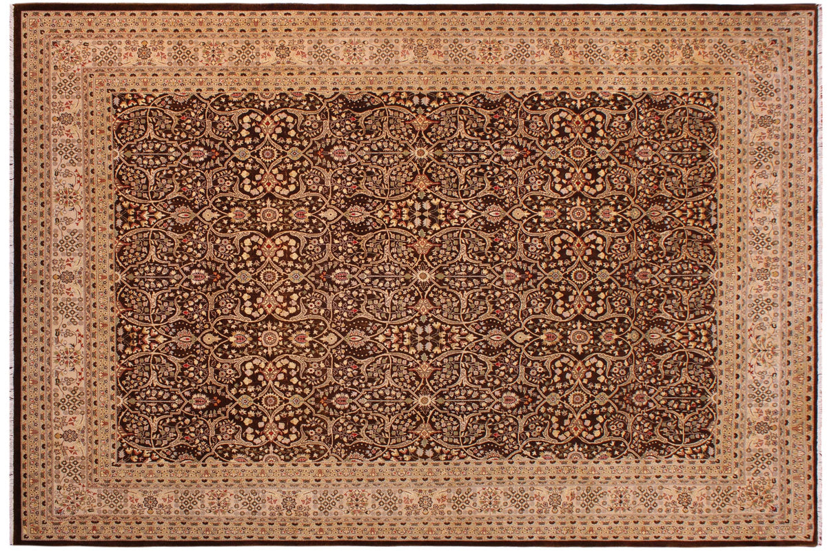 handmade Transitional Tabriz Brown Tan Hand Knotted RECTANGLE 100% WOOL area rug 9' x 12'