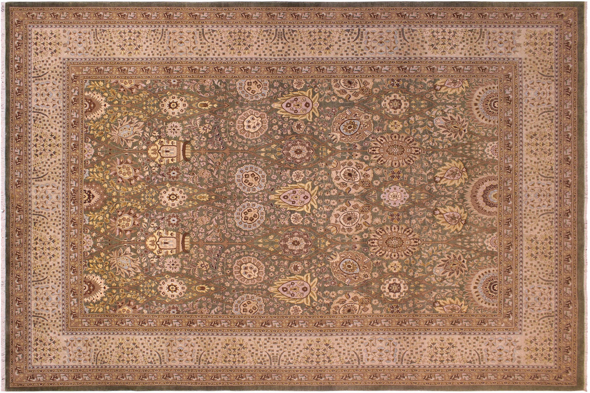 handmade Transitional Veg Dye Green Tan Hand Knotted RECTANGLE 100% WOOL area rug 9' x 12'