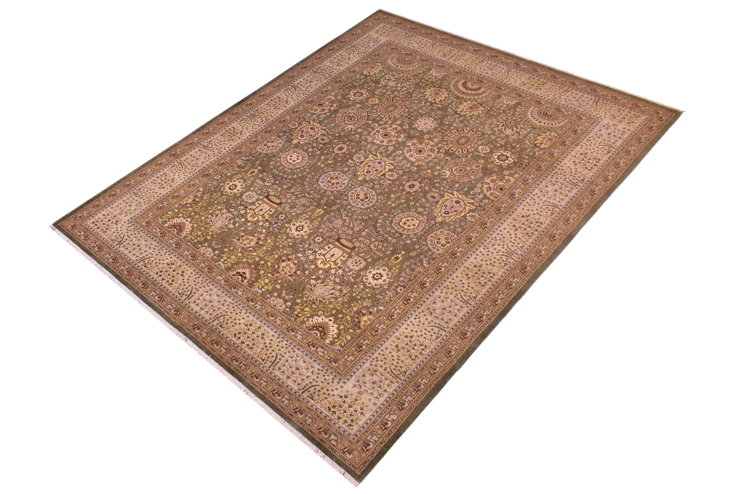 handmade Transitional Veg Dye Green Tan Hand Knotted RECTANGLE 100% WOOL area rug 9' x 12'