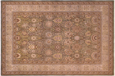 handmade Transitional Veg Dye Green Tan Hand Knotted RECTANGLE 100% WOOL area rug 9' x 12'