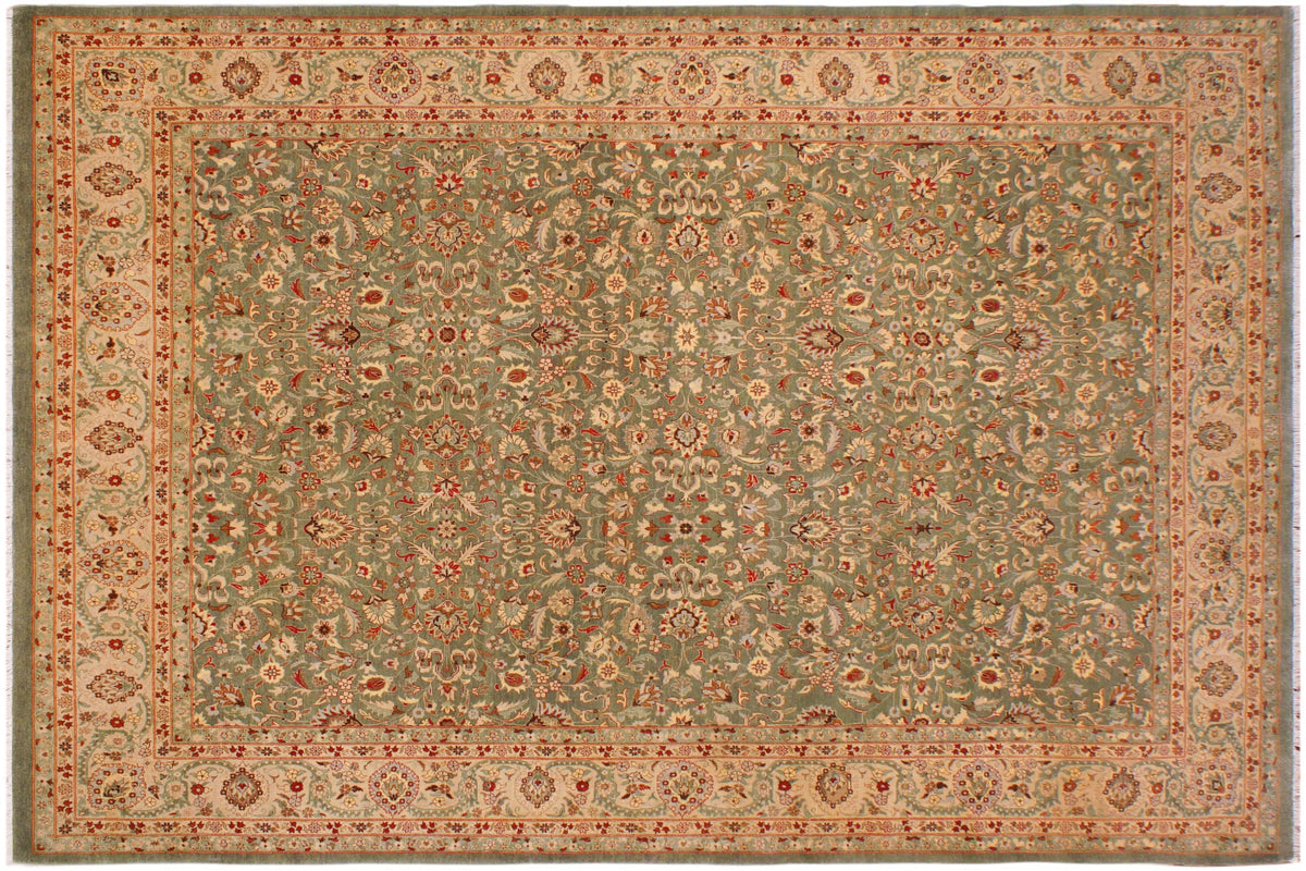 handmade Transitional Veg Dye Green Tan Hand Knotted RECTANGLE 100% WOOL area rug 9' x 12'
