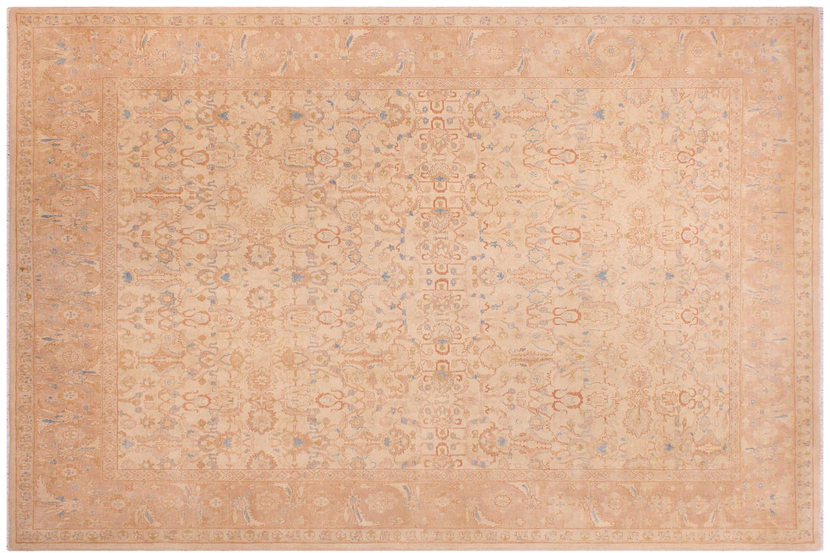 handmade Traditional Lahore Tan Rose Hand Knotted RECTANGLE 100% WOOL area rug 9' x 12'