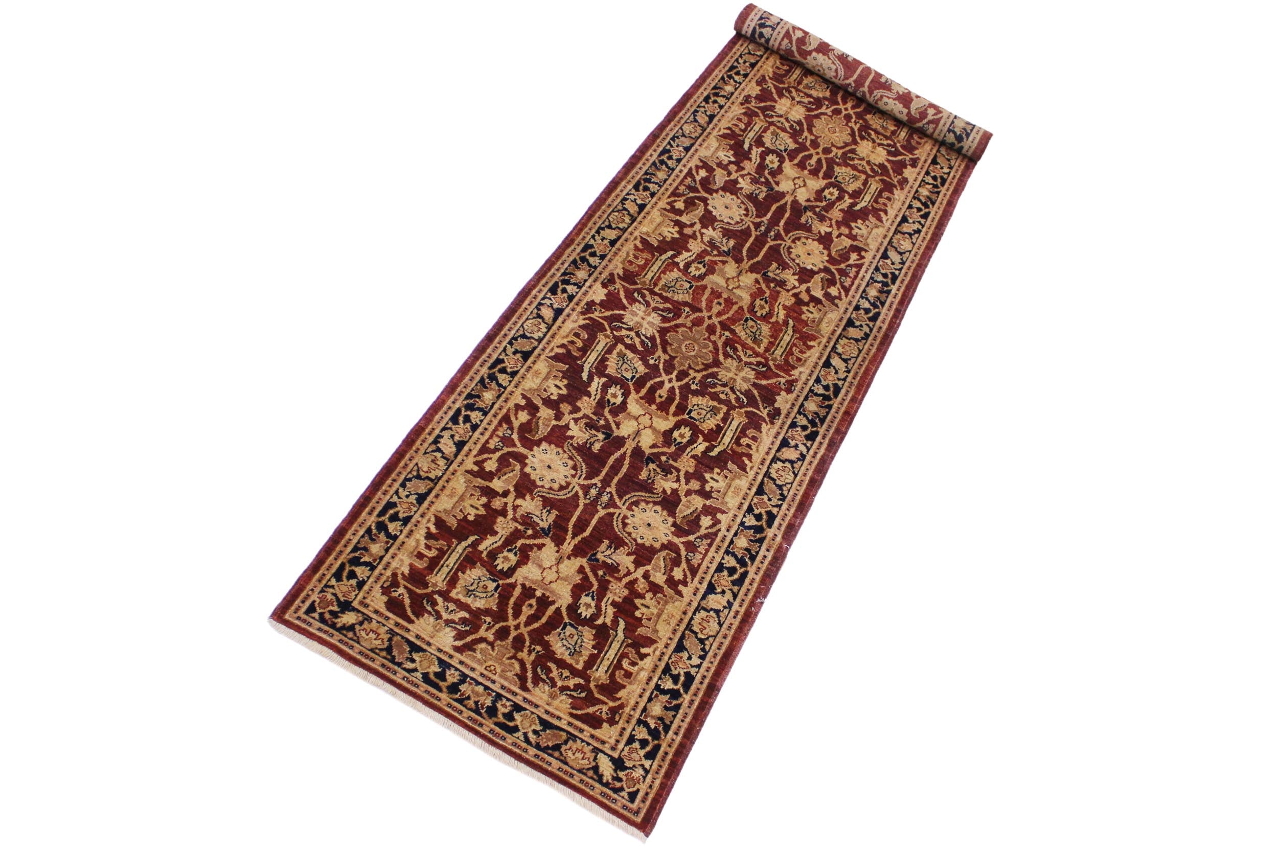 handmade Transitional Kafkaz Drk. Red Blue Hand Knotted RUNNER 100% WOOL area rug 3' x 12'
