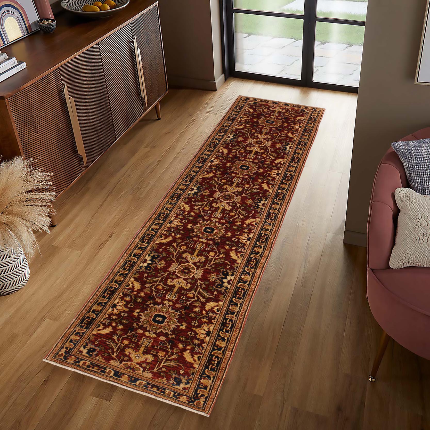 handmade Transitional Kafkaz Red Blue Hand Knotted RUNNER 100% WOOL area rug 3' x 13'