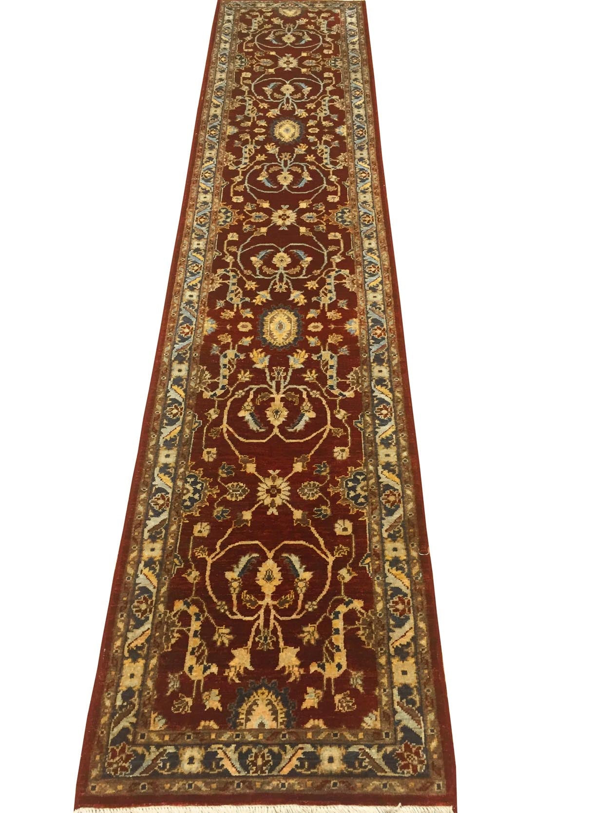 handmade Transitional Kafkaz Red Blue Hand Knotted RUNNER 100% WOOL area rug 2' x 12'