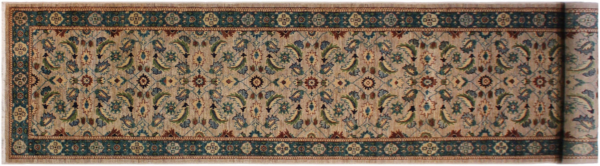 handmade Transitional Kafkaz Lt. Gray Green Hand Knotted RUNNER 100% WOOL area rug 3' x 15'