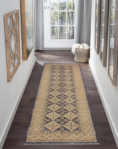 handmade Geometric Kafkaz Blue Beige Hand Knotted RUNNER 100% WOOL area rug 3' x 8'