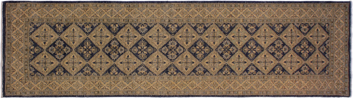 handmade Geometric Kafkaz Blue Beige Hand Knotted RUNNER 100% WOOL area rug 3' x 8'