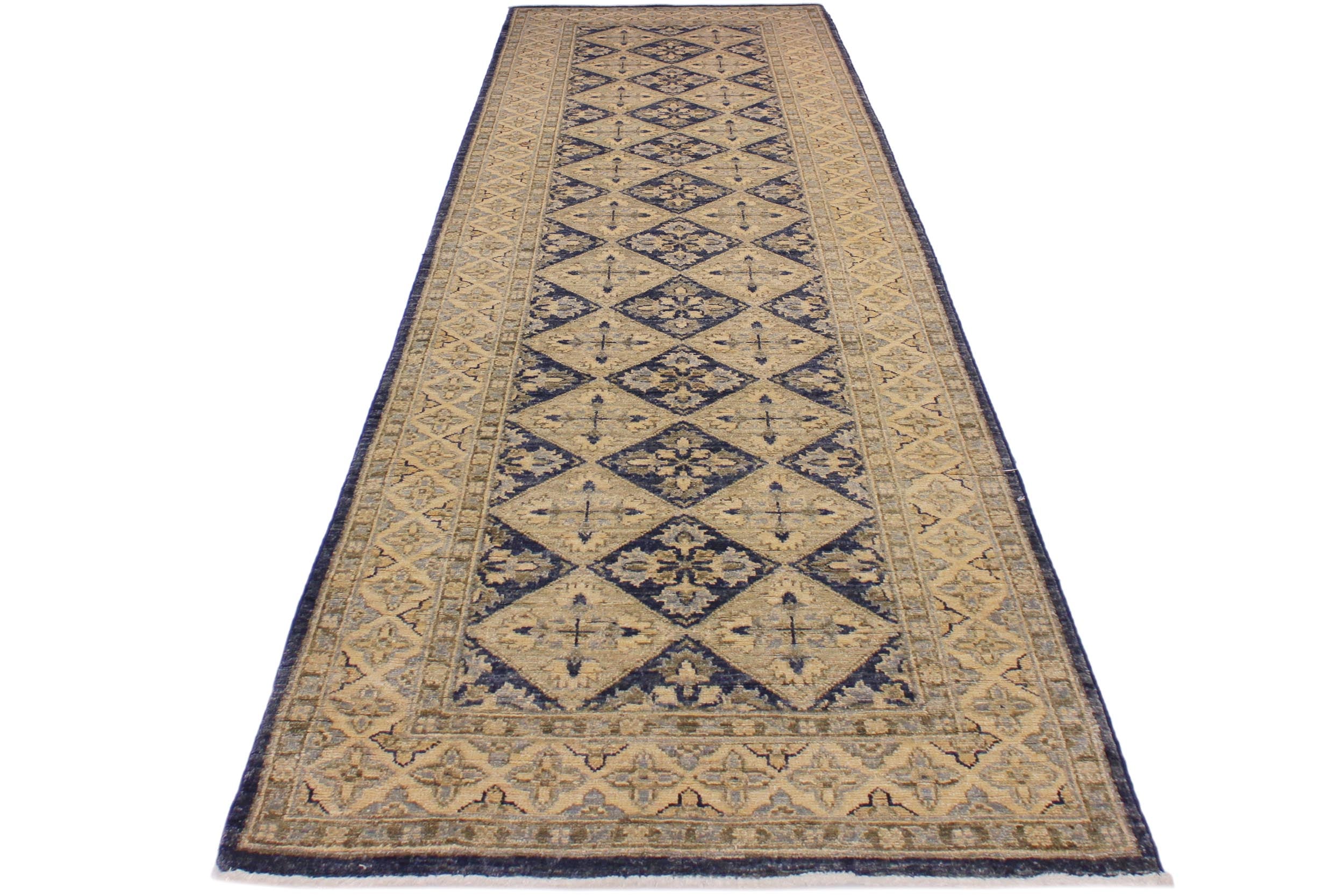 handmade Geometric Kafkaz Blue Beige Hand Knotted RUNNER 100% WOOL area rug 3' x 8'
