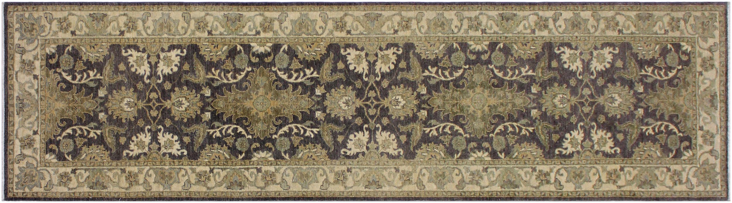 handmade Traditional Kafkaz Charcoal Brown Hand Knotted RUNNER 100% WOOL area rug 2'7" x 10'