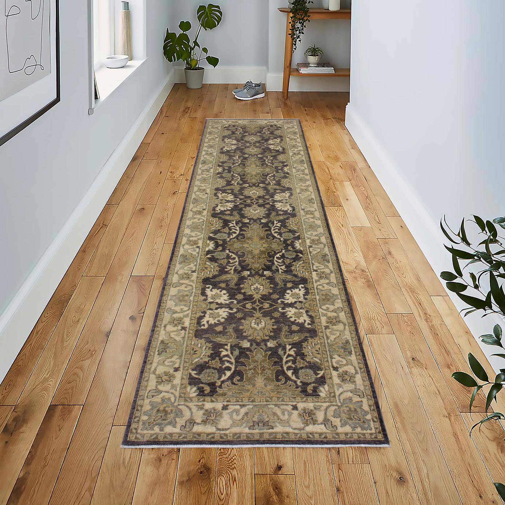 handmade Traditional Kafkaz Charcoal Brown Hand Knotted RUNNER 100% WOOL area rug 2'7" x 10'