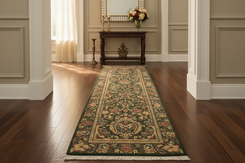 handmade Traditional Gulzar Green Gold Hand Knotted RUNNER 100% WOOL area rug 3' x 12'