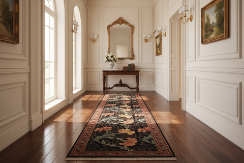 handmade Traditional Carnation Black Pink Hand Knotted RUNNER 100% WOOL area rug 3' x 8'
