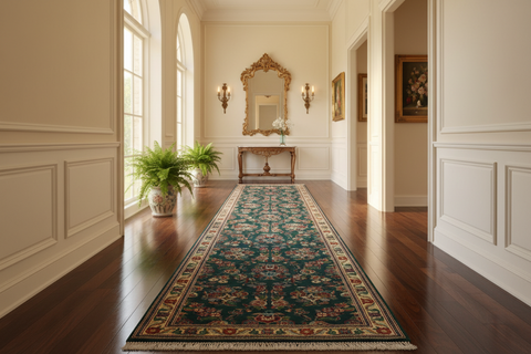 handmade Traditional Abusson Green Beige Hand Knotted RUNNER 100% WOOL area rug 3' x 10'