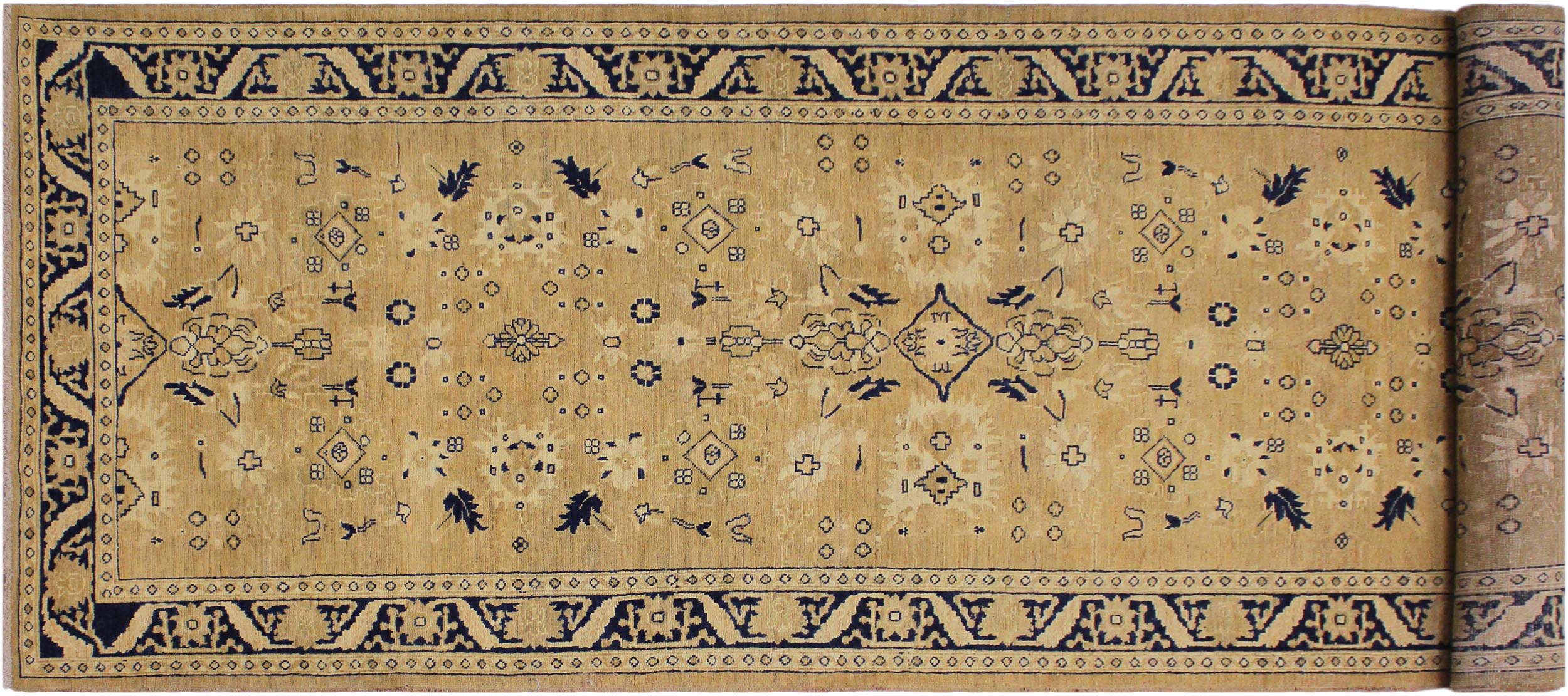 handmade Transitional Kafkaz Gold Blue Hand Knotted RUNNER 100% WOOL area rug 4' x 12'