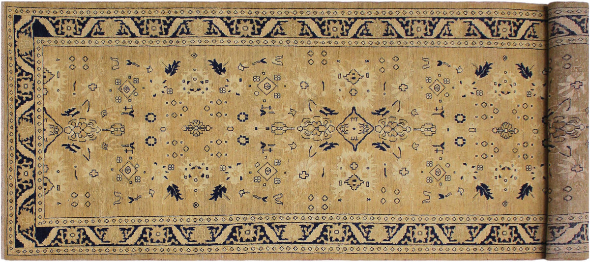 handmade Transitional Kafkaz Gold Blue Hand Knotted RUNNER 100% WOOL area rug 4' x 12'