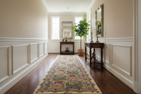 handmade Traditional Tulip Beige Gold Hand Knotted RUNNER 100% WOOL area rug 3' x 8'