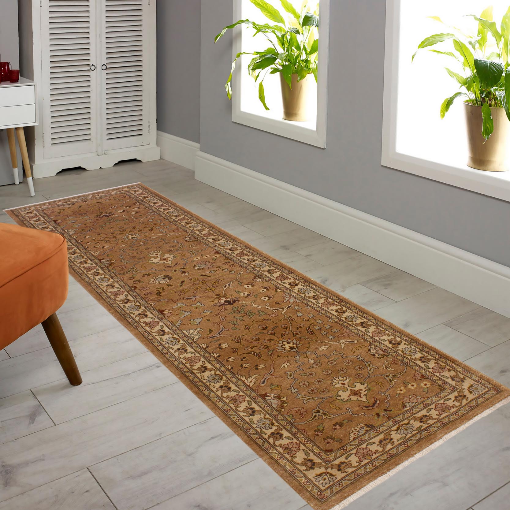 handmade Transitional Kashan Gold Ivory Hand Knotted RUNNER 100% WOOL area rug 3' x 10'