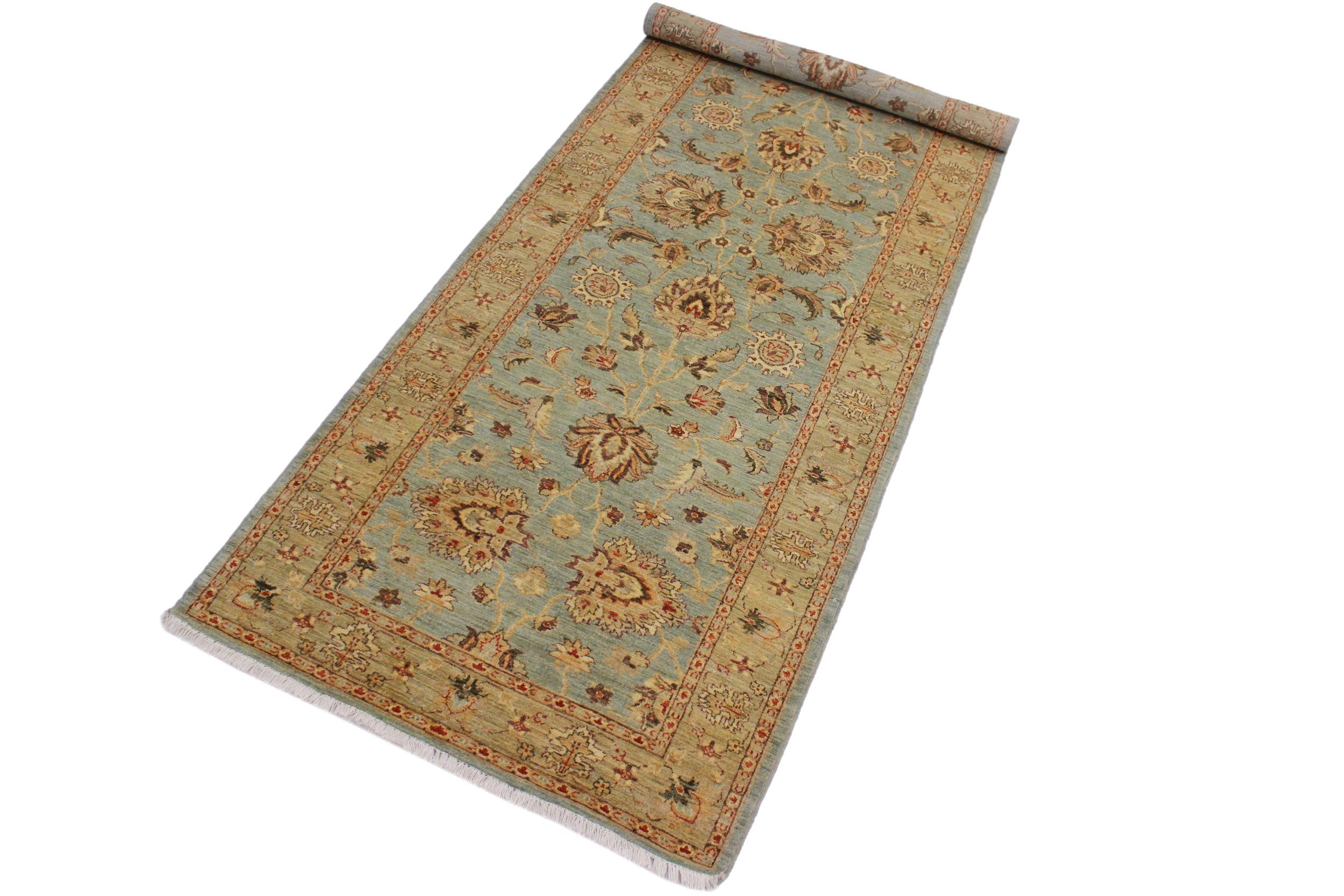 handmade Traditional Kafkaz Lt. Blue Lt. Green Hand Knotted RUNNER 100% WOOL area rug 4' x 12'
