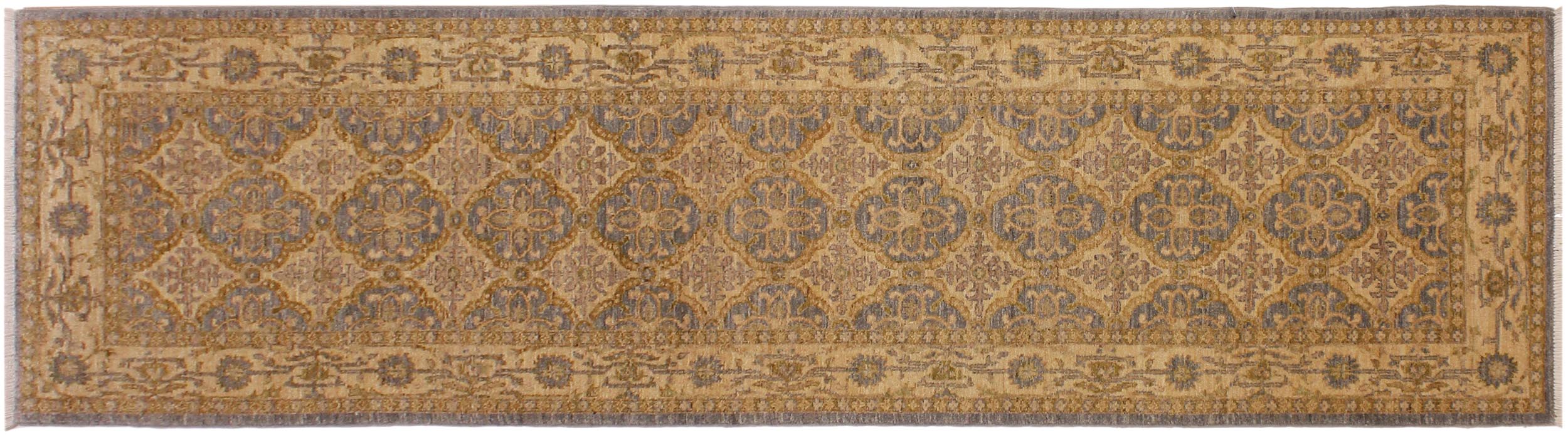 handmade Geometric Kafkaz Gray Gold Hand Knotted RUNNER 100% WOOL area rug 3' x 10'