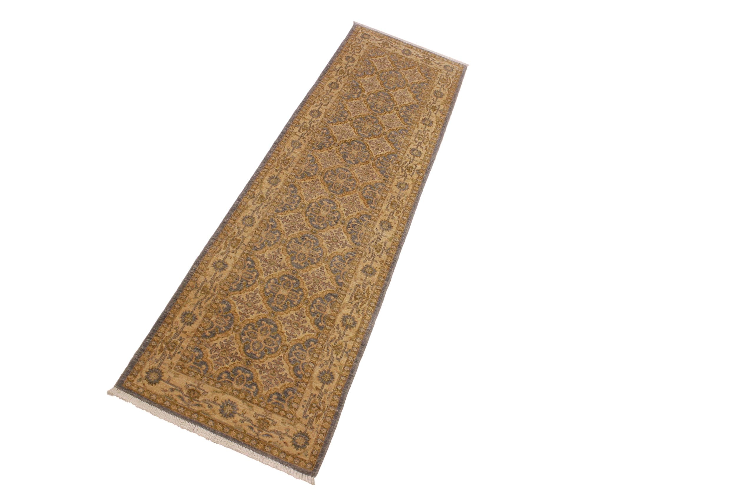 handmade Geometric Kafkaz Gray Gold Hand Knotted RUNNER 100% WOOL area rug 3' x 10'