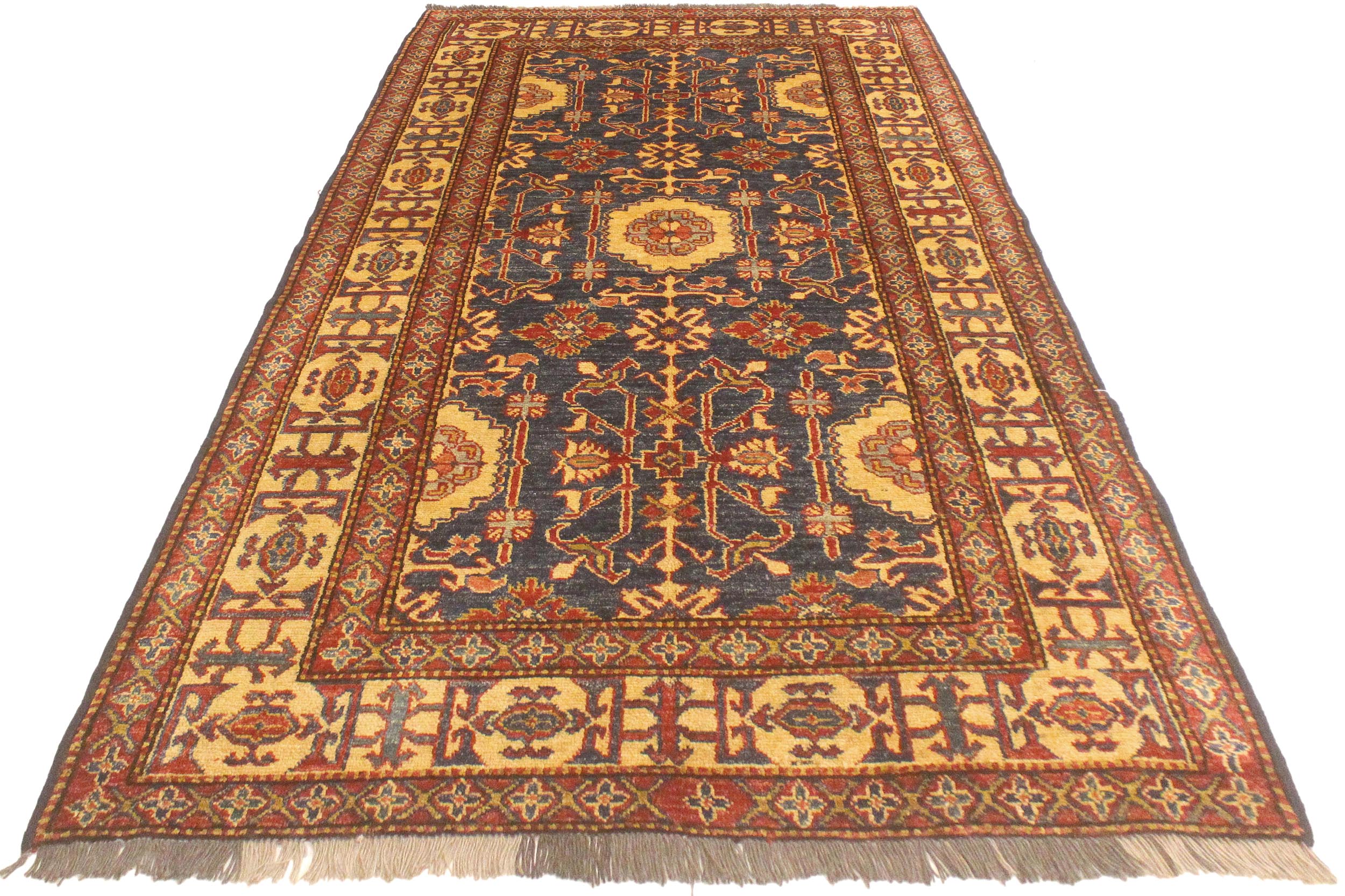 handmade Geometric Super Kazak Blue Gold Hand Knotted RECTANGLE 100% WOOL area rug 4' x 6'