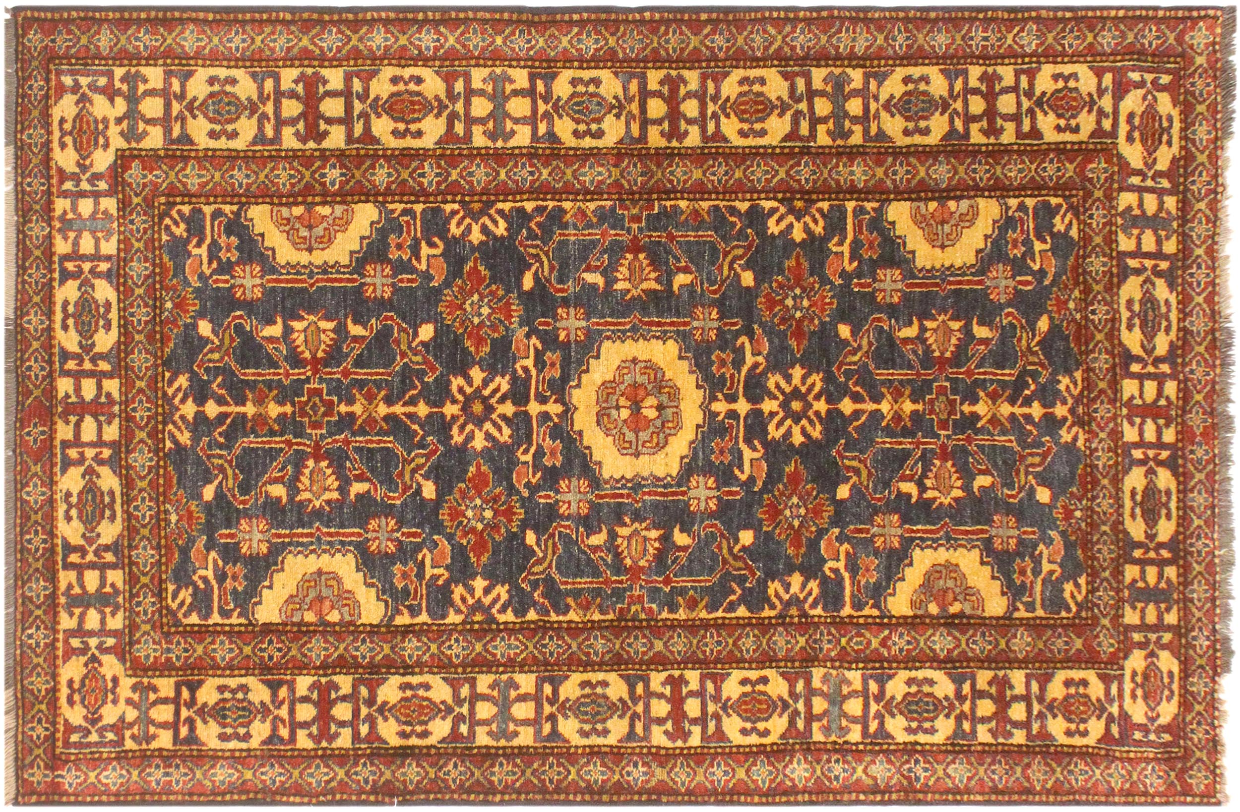 handmade Geometric Super Kazak Blue Gold Hand Knotted RECTANGLE 100% WOOL area rug 4' x 6'