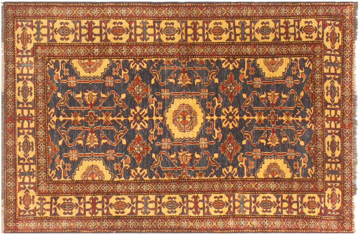 handmade Geometric Super Kazak Blue Gold Hand Knotted RECTANGLE 100% WOOL area rug 4' x 6'