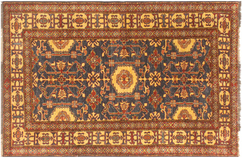 handmade Geometric Super Kazak Blue Gold Hand Knotted RECTANGLE 100% WOOL area rug 4' x 6'