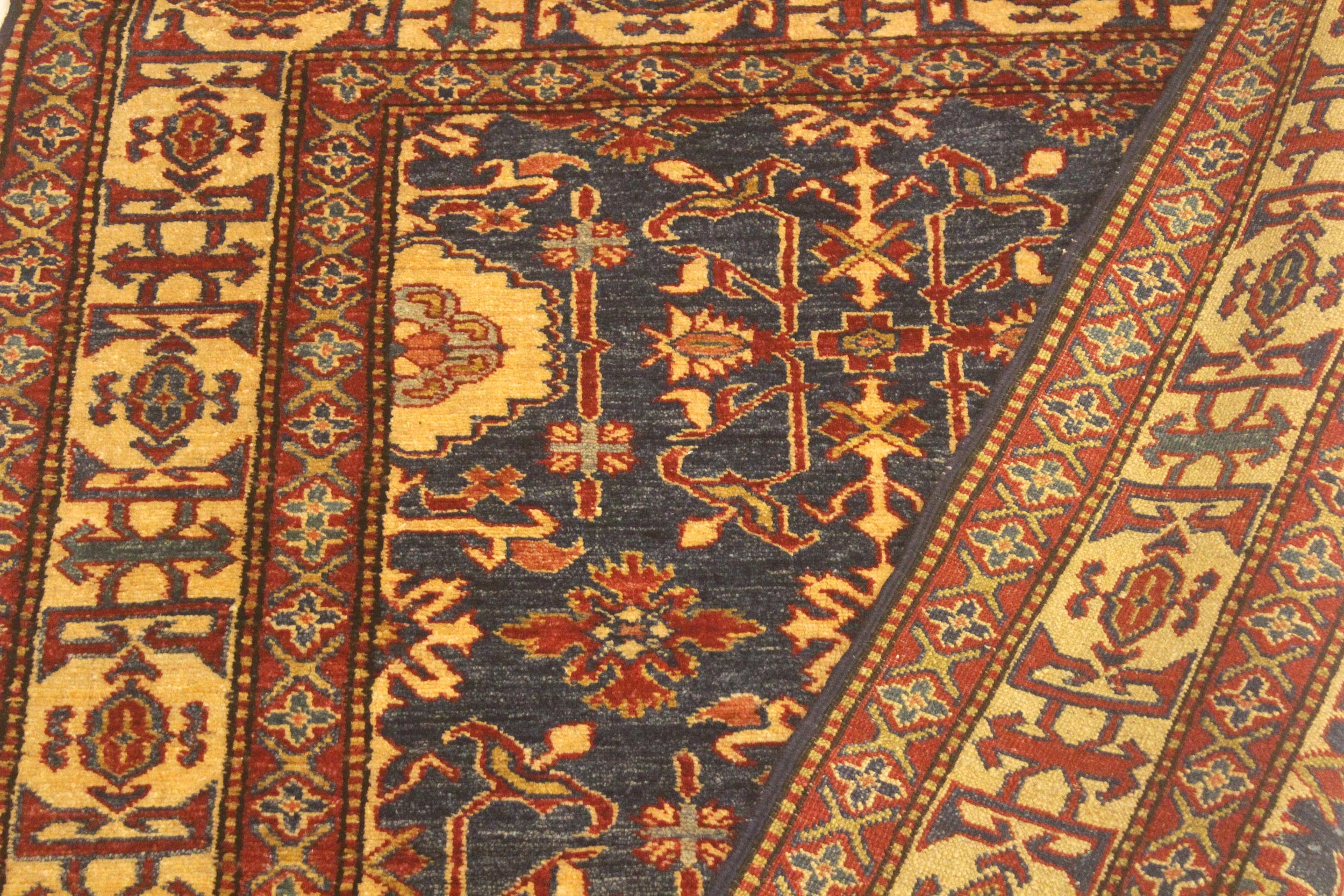 handmade Geometric Super Kazak Blue Gold Hand Knotted RECTANGLE 100% WOOL area rug 4' x 6'