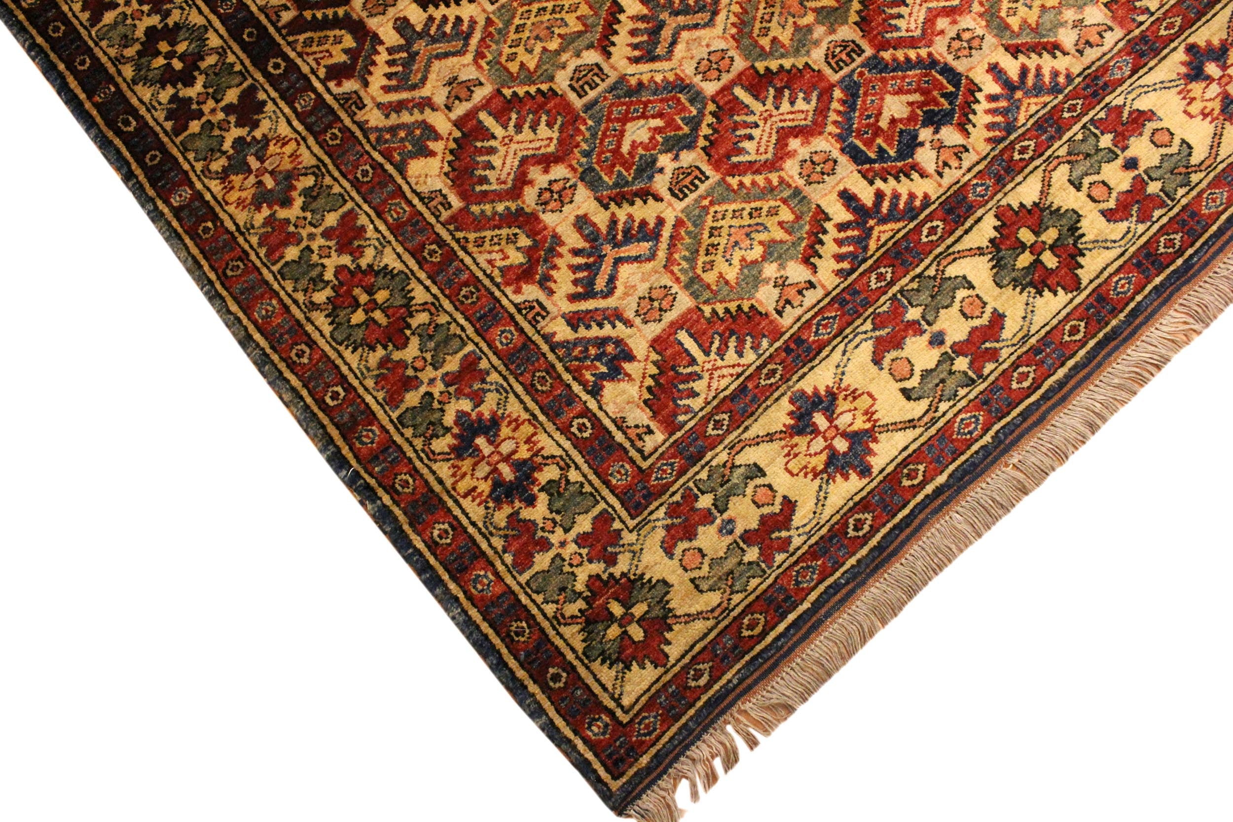 handmade Geometric Super Kazak Gold Blue Hand Knotted RECTANGLE 100% WOOL area rug 4' x 6'