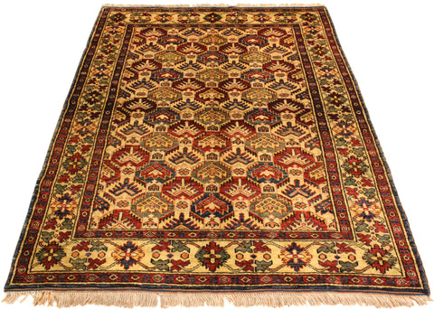 handmade Geometric Super Kazak Gold Blue Hand Knotted RECTANGLE 100% WOOL area rug 4' x 6'