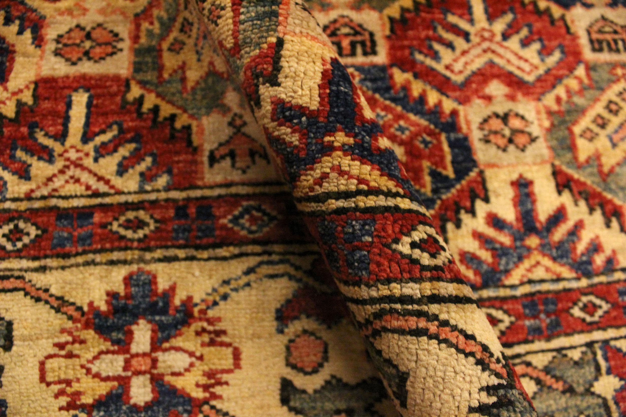 handmade Geometric Super Kazak Gold Blue Hand Knotted RECTANGLE 100% WOOL area rug 4' x 6'