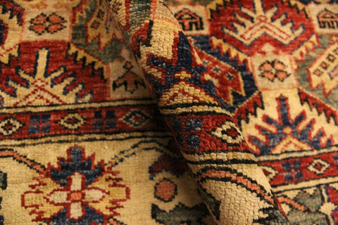 handmade Geometric Super Kazak Gold Blue Hand Knotted RECTANGLE 100% WOOL area rug 4' x 6'