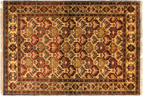 handmade Geometric Super Kazak Gold Blue Hand Knotted RECTANGLE 100% WOOL area rug 4' x 6'