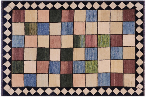 handmade Modern Gabbeh Beige Black Hand Knotted RECTANGLE 100% WOOL area rug 4' x 5'