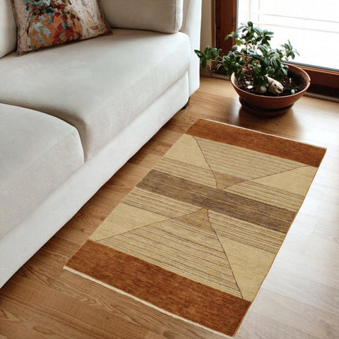 handmade Modern Gabbeh Tan Rust Hand Knotted RECTANGLE 100% WOOL area rug 4' x 6'