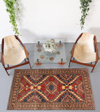 handmade Geometric Super Kazak Red Beige Hand Knotted RECTANGLE 100% WOOL area rug 4 x 6