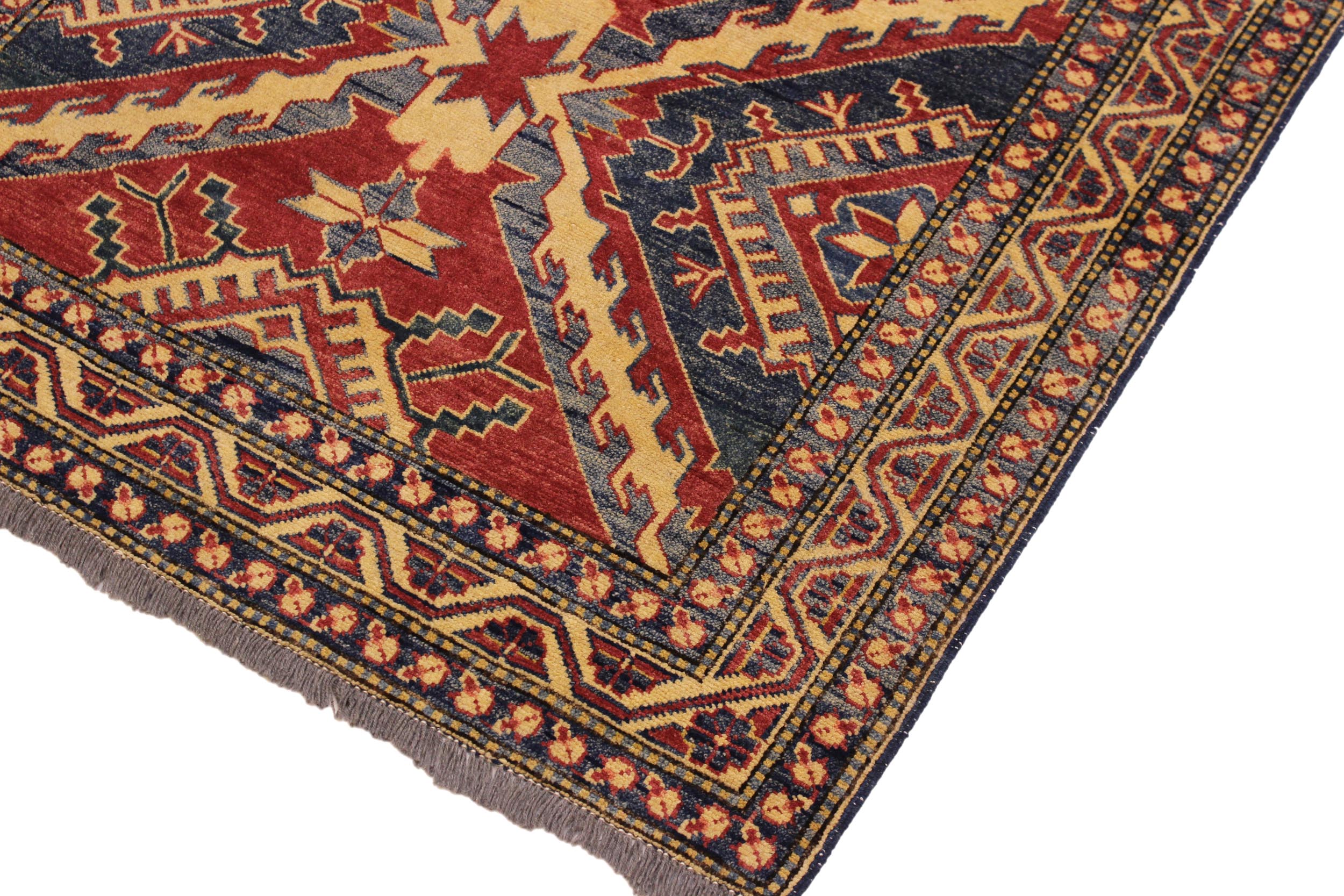 handmade Geometric Super Kazak Red Beige Hand Knotted RECTANGLE 100% WOOL area rug 4' x 6'