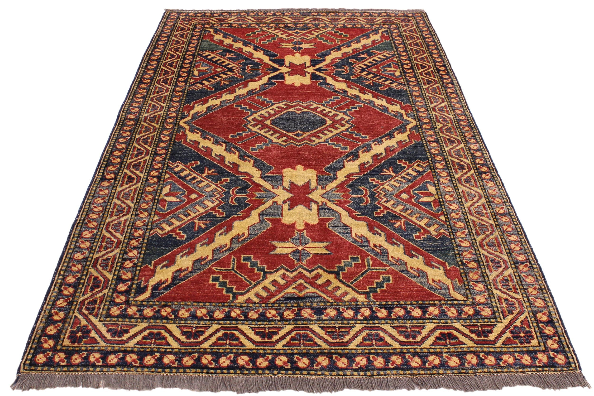handmade Geometric Super Kazak Red Beige Hand Knotted RECTANGLE 100% WOOL area rug 4' x 6'