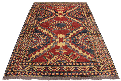 handmade Geometric Super Kazak Red Beige Hand Knotted RECTANGLE 100% WOOL area rug 4' x 6'