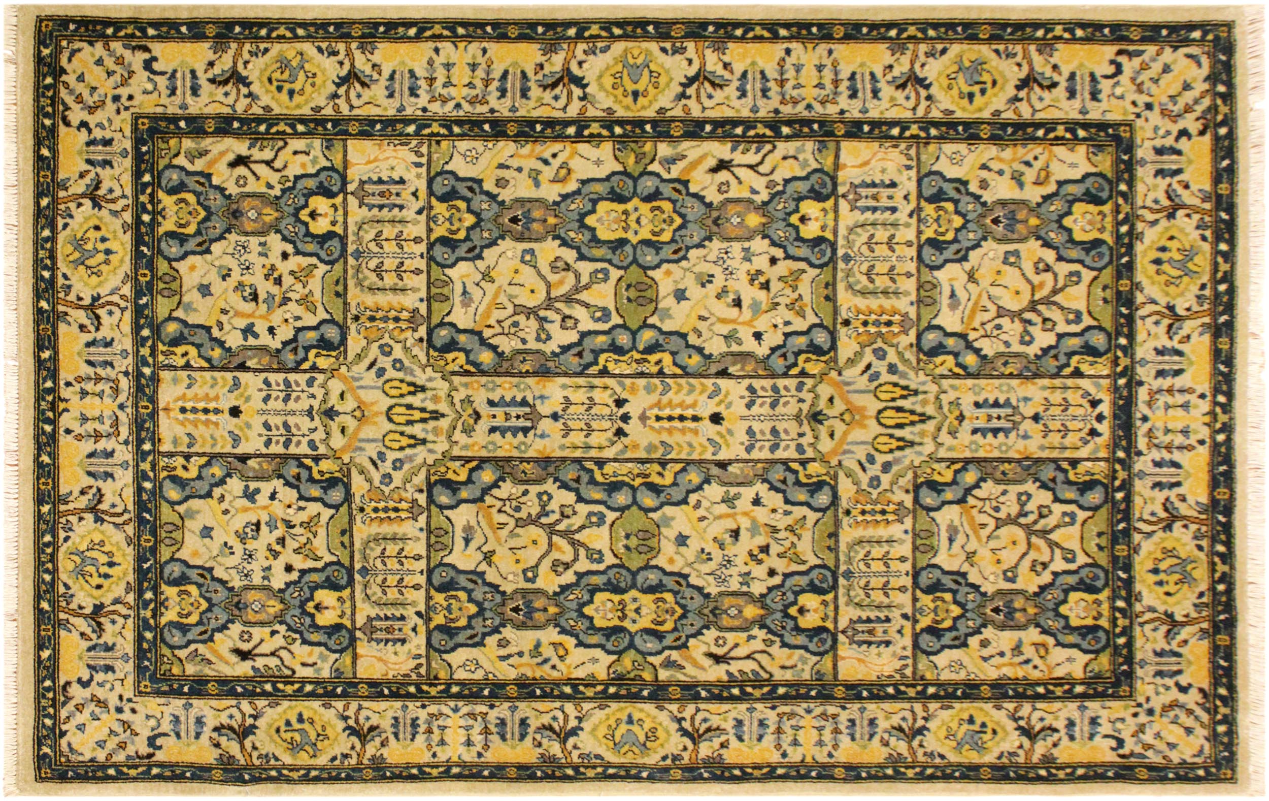 handmade Transitional Design Ivory Teal Hand Knotted RECTANGLE 100% WOOL area rug 4' x 6'