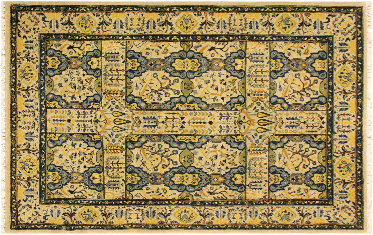 handmade Transitional Design Ivory Teal Hand Knotted RECTANGLE 100% WOOL area rug 4' x 6'