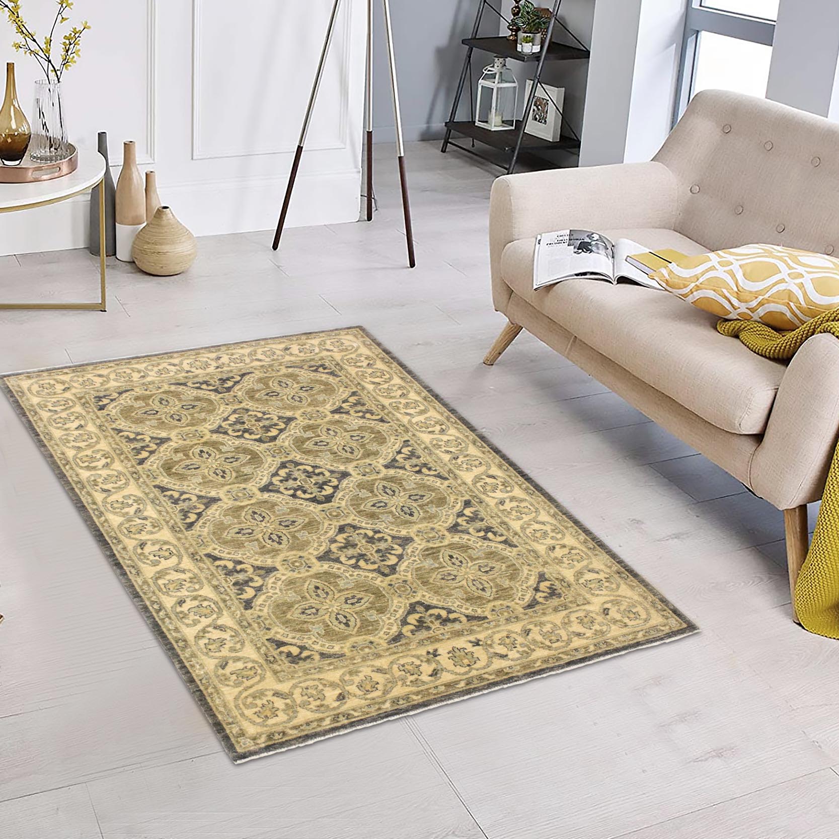 handmade Transitional Kafkaz Bluish Gray Tan Hand Knotted RECTANGLE 100% WOOL area rug 4' x 6'