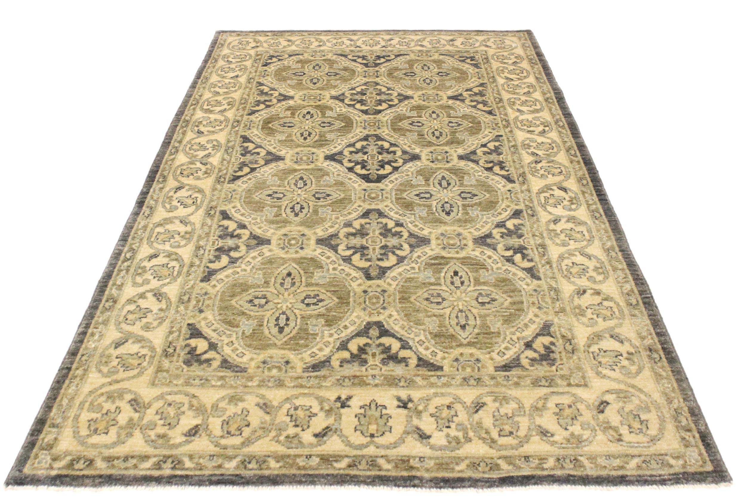 handmade Transitional Kafkaz Bluish Gray Tan Hand Knotted RECTANGLE 100% WOOL area rug 4' x 6'